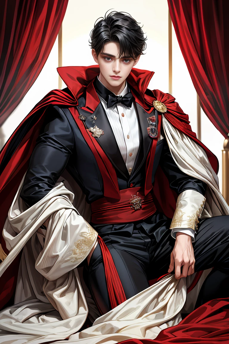 
masterpiece, 最high quality, high quality, 1 boy, alone, Male focus, Watching the audience,  Messy black hair, Adorable big blue eyes, White people, Noble, Noble,Sexy voluminous black and red cape、Tuxedo、A very voluminous, large, very large, very large, long, long red and black cape with a high stand-up collar, reaching down to the floor, made of a lot of fabric., ,Cute beautiful boys,Cute, cute, kind, handsome guy