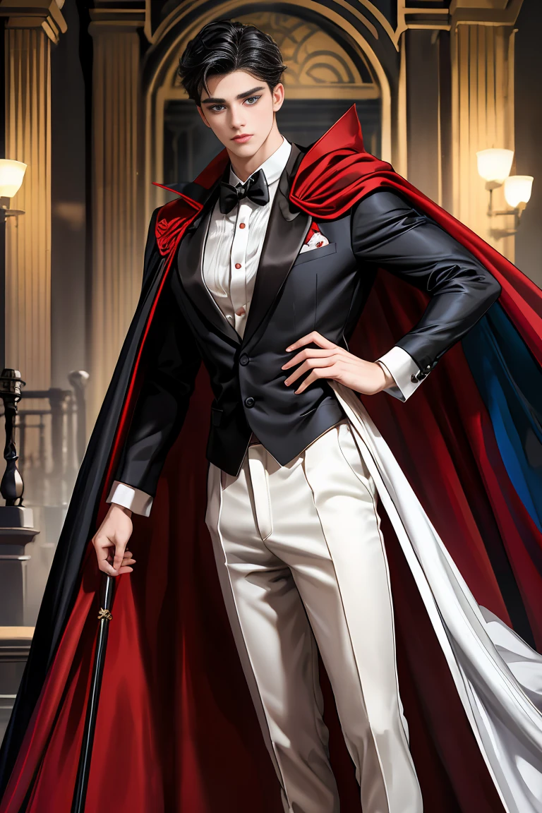 
masterpiece, 最high quality, high quality, 1 boy, alone, Male focus, Watching the audience,  Messy black hair, Adorable big blue eyes, White people, Noble, Noble,Sexy voluminous black and red cape、Tuxedo、A very voluminous, large, very large, very large, long, long red and black cape with a high stand-up collar, reaching down to the floor, made of a lot of fabric., 17 years old,Cute beautiful boys,Cute, cute, kind, handsome guy