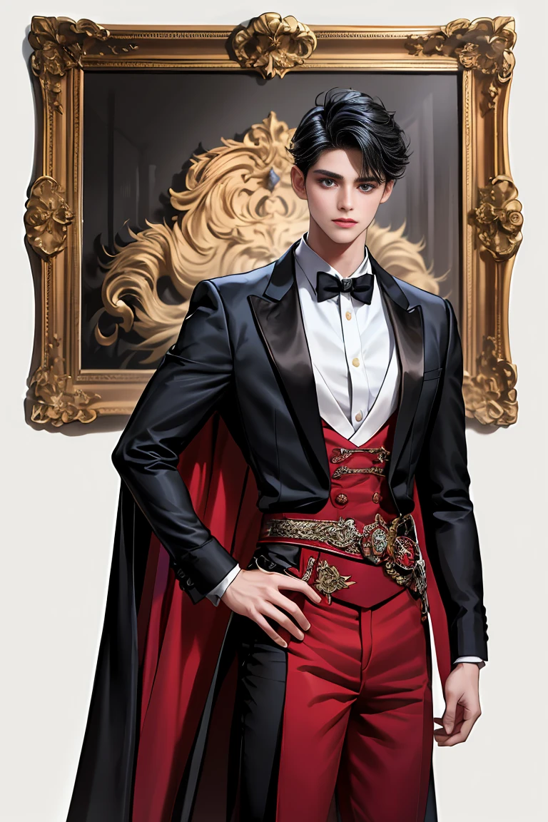
masterpiece, 最high quality, high quality, 1 boy, alone, Male focus, Watching the audience,  Messy black hair, Adorable big blue eyes, White people, Noble, Noble,Sexy voluminous black and red cape、Tuxedo、A very voluminous, large, very large, very large, long, long red and black cape with a high stand-up collar, reaching down to the floor, made of a lot of fabric., 17 years old,Cute beautiful boys,Cute, cute, kind, handsome guy