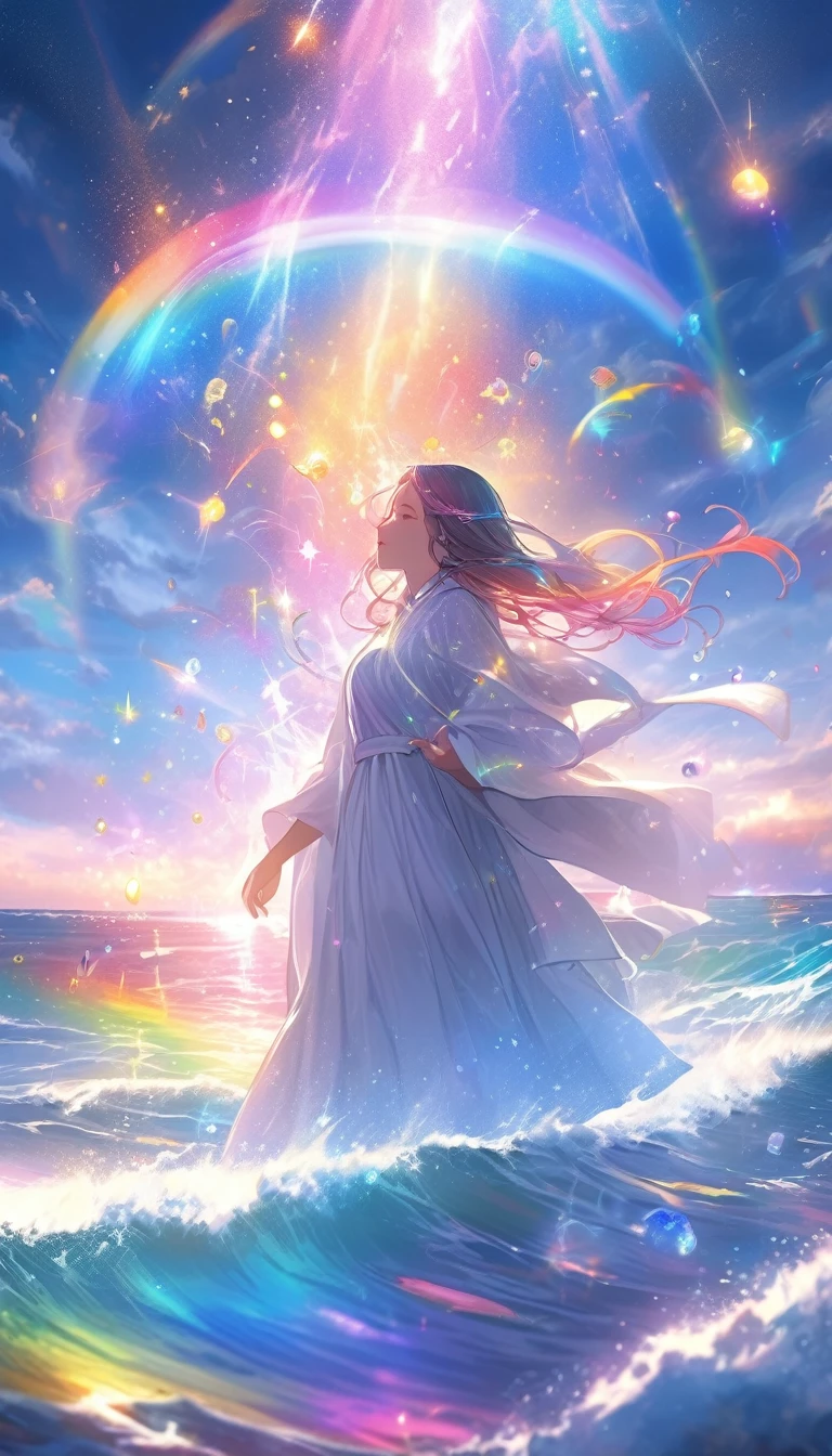 Mysterious glowing spell casting girl, ((Fantasy Rainbow Ocean)), Vibrant colors, Fantastic Light, Detailed speech bubbles, Magical atmosphere, Nice views, Dreamy atmosphere, Sparkling, Roomy robes, The magic touch, Mysterious creatures, ((Sparkling waves)), Mystical symbols, Surreal beauty, haze, There&#39;Magic in the air, A magical moment,Mysterious atmosphere, Whimsical Creatures, Full of charm, Fairy, superpower, Fantasy World