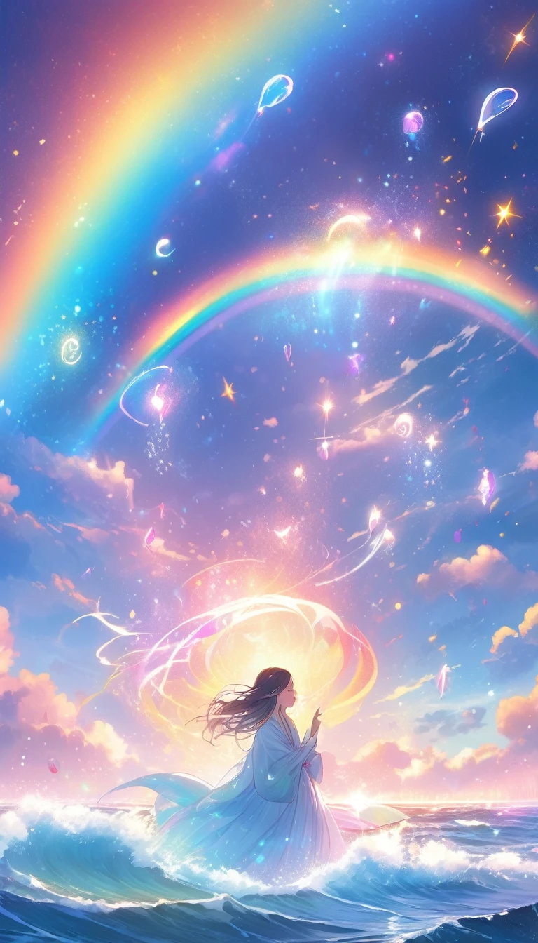Mysterious glowing spell casting girl, ((Fantasy Rainbow Ocean)), Vibrant colors, Fantastic Light, Detailed speech bubbles, Magical atmosphere, Nice views, Dreamy atmosphere, Sparkling, Roomy robes, The magic touch, Mysterious creatures, ((Sparkling waves)), Mystical symbols, Surreal beauty, haze, There'Magic in the air, A magical moment,Mysterious atmosphere, Whimsical Creatures, Full of charm, Fairy, superpower, Fantasy World