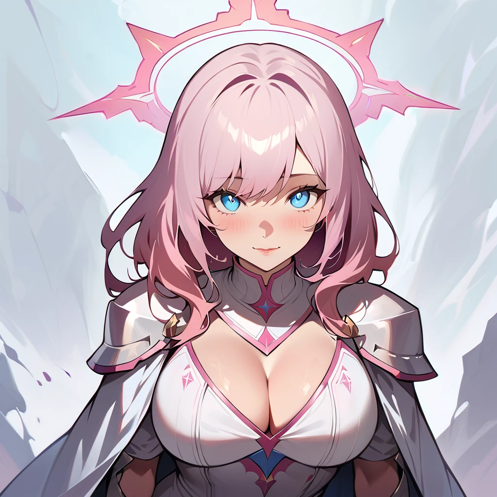 (high quality, 8k, 4K, high contrast, artwork:1.2, high quality, best aesthetics), (centered), ((1 woman)), erotic, sensual, sexy woman, mature body, super detailed, beautiful face detailed, beautiful eyes detailed, detailed beautiful mouth, perfect breats, (light pink hair, long light pink hair, wavy light pink hair), (blue eyes), (white medieval armor with pink details), (shoulder pads), (cleavage on breasts), (long white cape), (pink angel halo), (calm expression), (standing), (looking at the viewer), (front view)