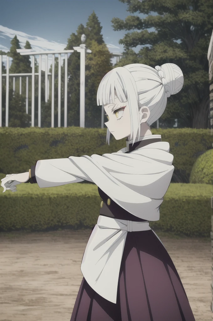 kimetsu no yaiba style, 1girl, white hair in a bun, demon slayer uniform, solo, yellow eyes,katana ,white hair, black cape, cape, outdoors, bangs, tree, fence, anime coloring, ((masterpiece)) , fighting a demon scene, aggressive