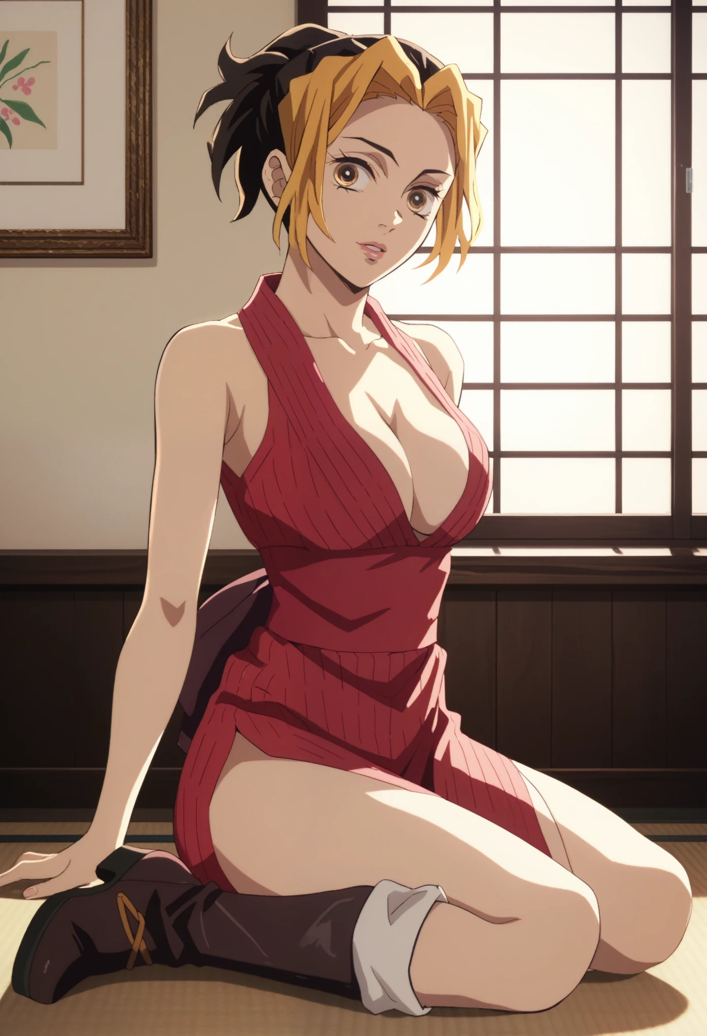 cleavage, score_9_up, score_8_up, score_7_up, 1girl, solo, mature female, Makio, tied hair, yellow eyes, pink lips, parted lips, fit slim body, perfect medium erected breast, (((red dress, high boots))), room, looking at the viewer, seductive pose