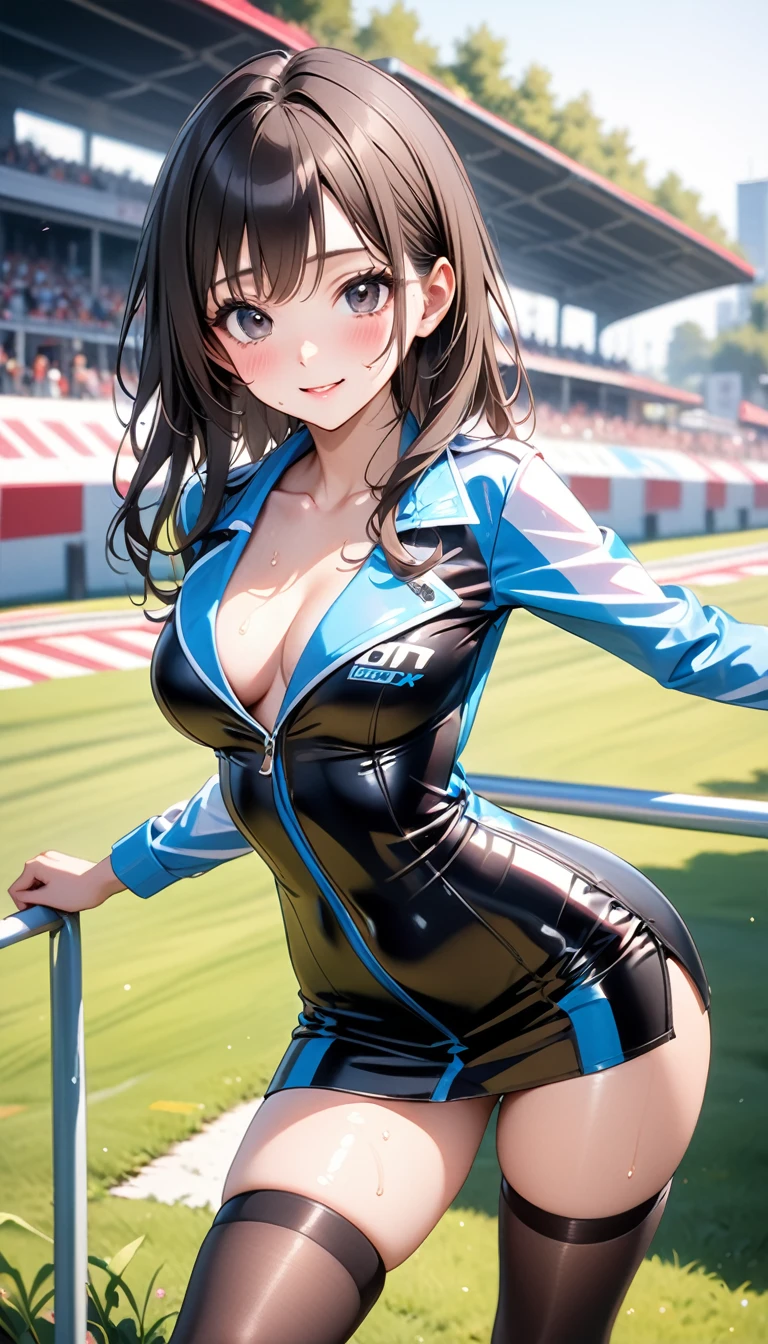 Vivid Color, ((race queen)), ((skirt)), luster Outfit, (Black pantyhose), (latex high heel boots), skindentation, skinny, solo, (1 sexy woman), Masterpiece, highest quality, highest quality, 16K, incredibly absurd, highly detailed, 2.5D, ai-generated, delicate and dynamic, very delicate facial expressions, delicate eye depiction, Dark hair, black eyes, erotic, only sexy woman, ((A cute and kind face)), healthy figure, ((25-year-old woman)), 160cm tall, medium firm swaying bust,, blush, Sweat,Embarrassed,sexy, ((thin thighs)), (camel toe:0.8), (Erect nipples:0.9), (visible nipples:0.7), ((shiny and lustrous)), facing straight at viewer, smile, Large park, daytime, bright, on the grass, (dutch angle), (Erotic pose),