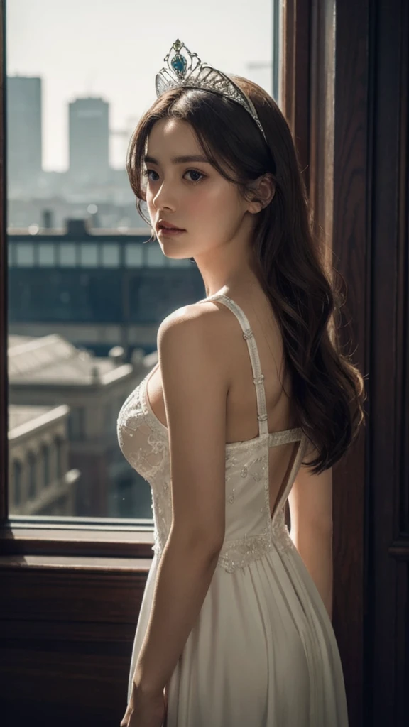 8k, best quality, masterpiece, realistic, highly detailed, photo realistic, Improve quality,
the royal princess wears a beautiful dress with intricate motifs, the princess's shoulders are visible, round firm breasts, wearing a royal crown, the royal skyline is blurred, the palace roof, twilight, natural light, depth, delicate background, intense and introspective mood, soft diffused natural light, warm artificial side light, moody atmosphere, skin texture, royal era aesthetics (rough:0.4), thoughtful expression, charismatic