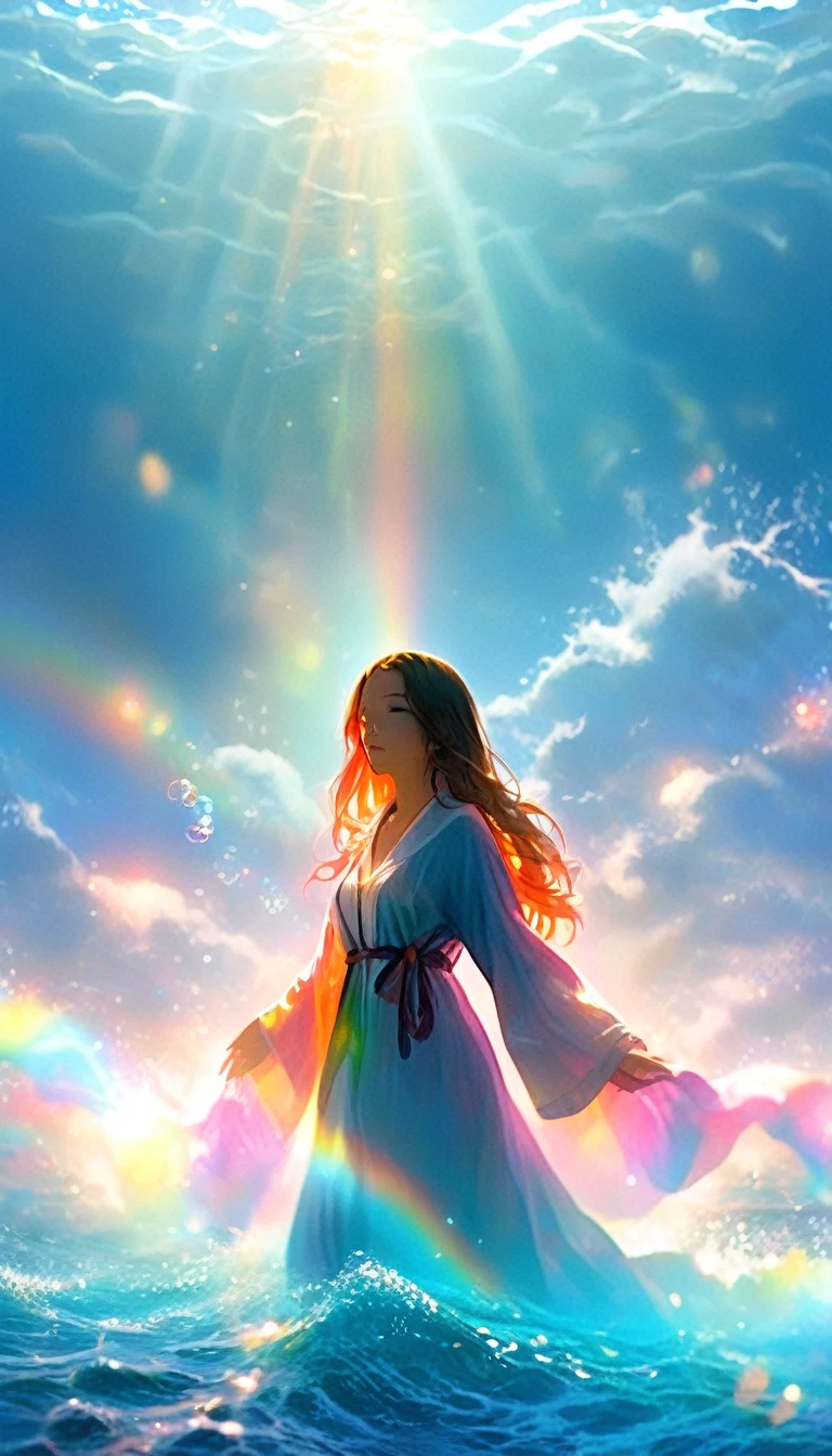 Mysterious glowing spell casting girl, ((Fantasy Rainbow Ocean)), Vibrant colors, Fantastic Light, Detailed speech bubbles, Magical atmosphere, Nice views, Dreamy atmosphere, Sparkling, Roomy robes, The magic touch, Mysterious creatures, ((Sparkling waves)), Mystical symbols, Surreal beauty, haze, There'Magic in the air, A magical moment,Mysterious atmosphere, Whimsical Creatures, Full of charm, Fairy, superpower, Fantasy World
