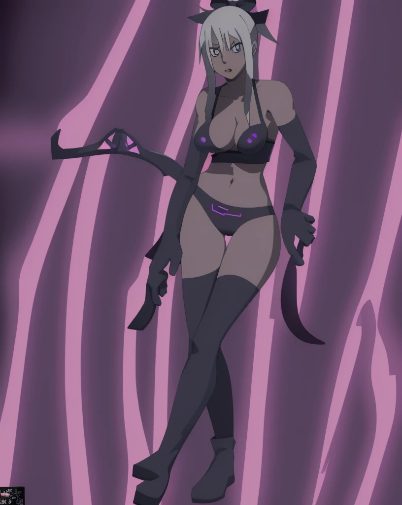 Maka Albarn (Soul Eater), solo, detailed, high quality, 4K, athletic figure, 34B breasts, sultry expression, dark background with neon lights, bold colors, cleavage visible, nipples slightly visible, lively gaze, correct proportions, symmetrical composition.