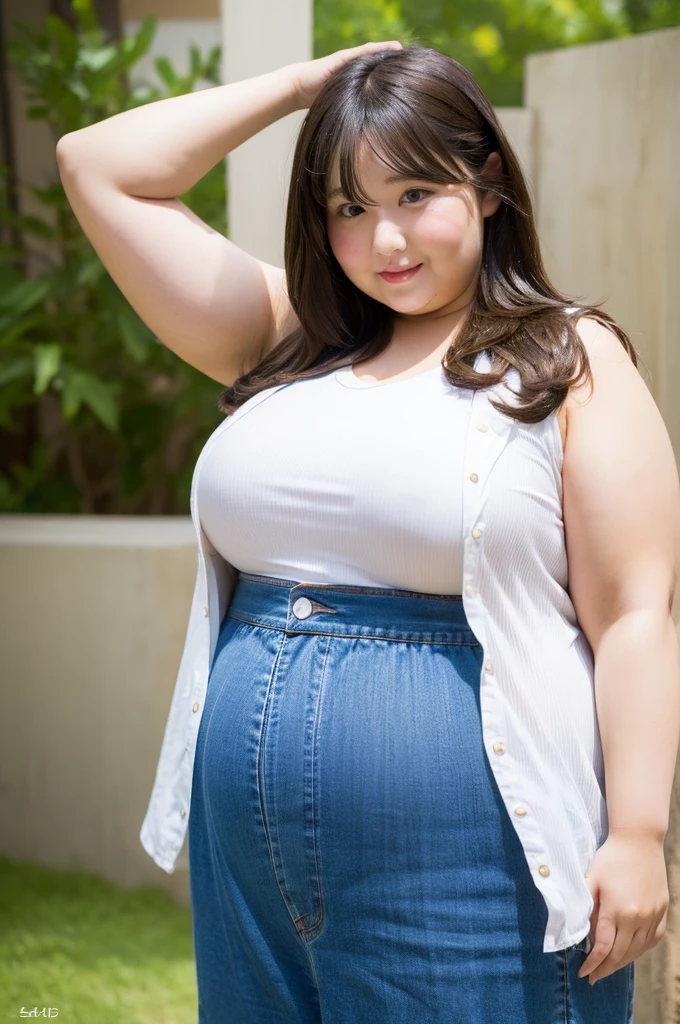 (((Very fat woman)))、Summery shirt、Japanese model、cute、Beautiful Asian Girl、4K、RAW、Ultra HD