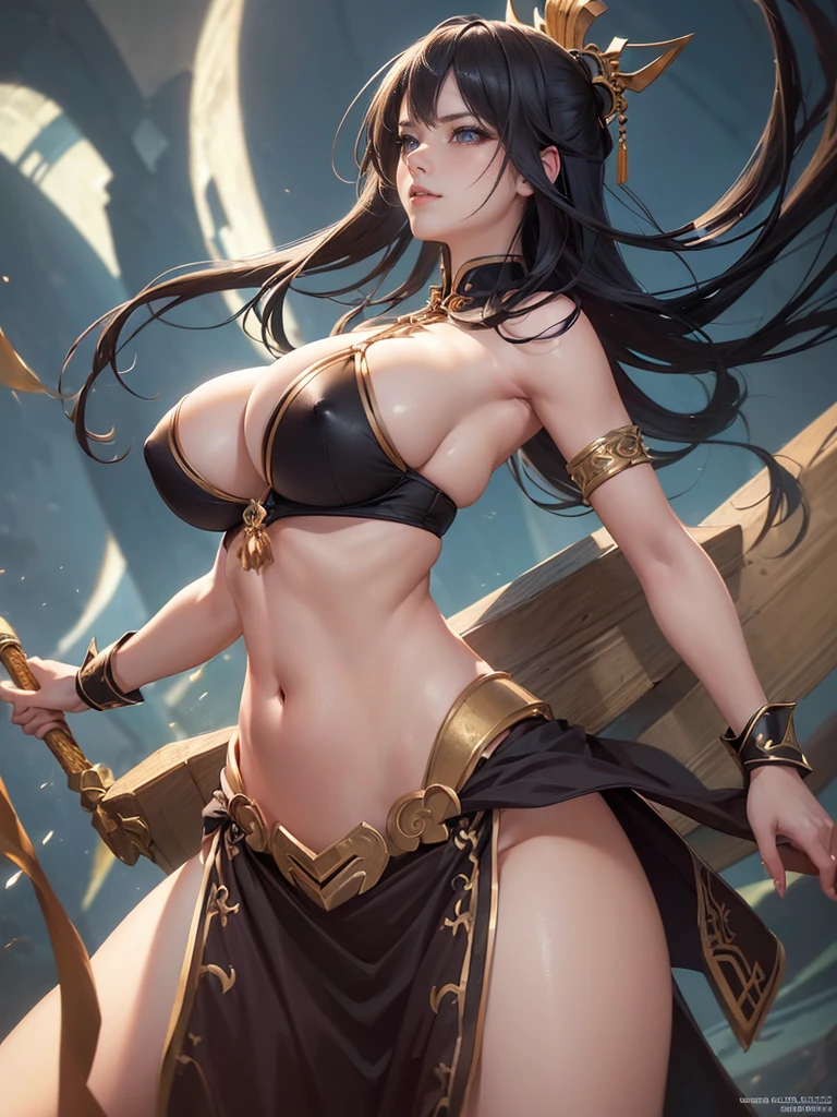 Highly detailed CG unit 8k wallpaper, masterpiece, High resolution, highest quality, highest quality real texture skin, Super Real, Digital Painting, Best image quality, 最High resolution, 8k, ((Highly detailed eyes and face)), 1girl, Beautiful eyes every detail, Full Body Shot, (profile, from side, acrobatic pose, ), (((Saggy breasts, Gravity-dependent breasts, long chest, Heavy chest, ))), ((disproportionate breasts, huge breasts, sagging breasts, gigantic breasts, erect nipple,)), (Tube top, Loincloth), Chinese style embroidery, Barbarian, Bandit, Villain, evil smile, Genghis Khan, black hair, white,