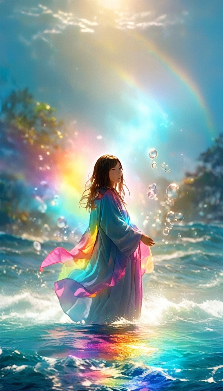 Mysterious glowing spell casting girl, ((Fantasy Rainbow Ocean)), Vibrant colors, Fantastic Light, Detailed speech bubbles, Magical atmosphere, Nice views, Dreamy atmosphere, Sparkling, Roomy robes, The magic touch, Mysterious creatures, ((Sparkling waves)), Mystical symbols, Surreal beauty, haze, There'Magic in the air, A magical moment,Mysterious atmosphere, Whimsical Creatures, Full of charm, Fairy, superpower, Fantasy World