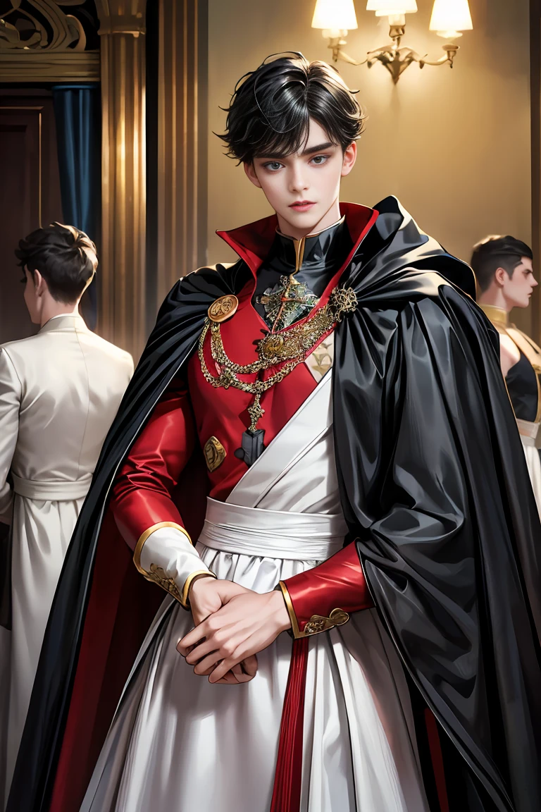 masterpiece, 最high quality, high quality, 1 boy, alone, Male focus, Watching the audience, Messy black hair, Adorable big blue eyes, White, Noble, Noble,A sexy, voluminous, puffy cape、vampire、A very voluminous, large, very large, very large, long, long red and black cape with a high stand-up collar, made of a lot of fabric that reaches down to the floor., 17 years old,Cute beautiful boys,Cute, cute, kind, handsome guy
