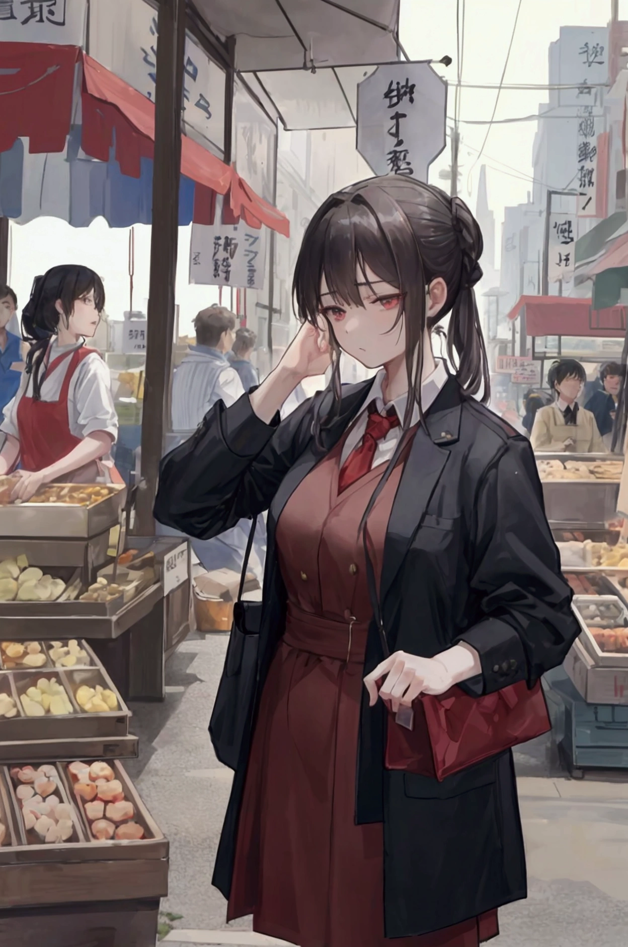 Draw a scene where a middle-aged man, Elliot, and a woman, Alisa, intervene in a heated argument between residents at a marketplace.。Elliot holds up his hands to try to calm the residents down.、Please emphasize how Arisa persuades with a gentle expression.。The background contains details that convey the chaotic market scene and the lack of supplies.、Please express the atmosphere of anxiety and frustration in the town.。Also、The expression of dissatisfaction and doubt of the residents is also depicted.、Add a sense of urgency that an enemy is lurking within.。