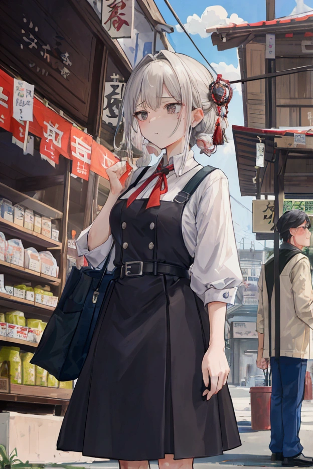 Draw a scene where a middle-aged man, Elliot, and a woman, Alisa, intervene in a heated argument between residents at a marketplace.。Elliot holds up his hands to try to calm the residents down.、Please emphasize how Arisa persuades with a gentle expression.。The background contains details that convey the chaotic market scene and the lack of supplies.、Please express the atmosphere of anxiety and frustration in the town.。Also、The expression of dissatisfaction and doubt of the residents is also depicted.、Add a sense of urgency that an enemy is lurking within.。