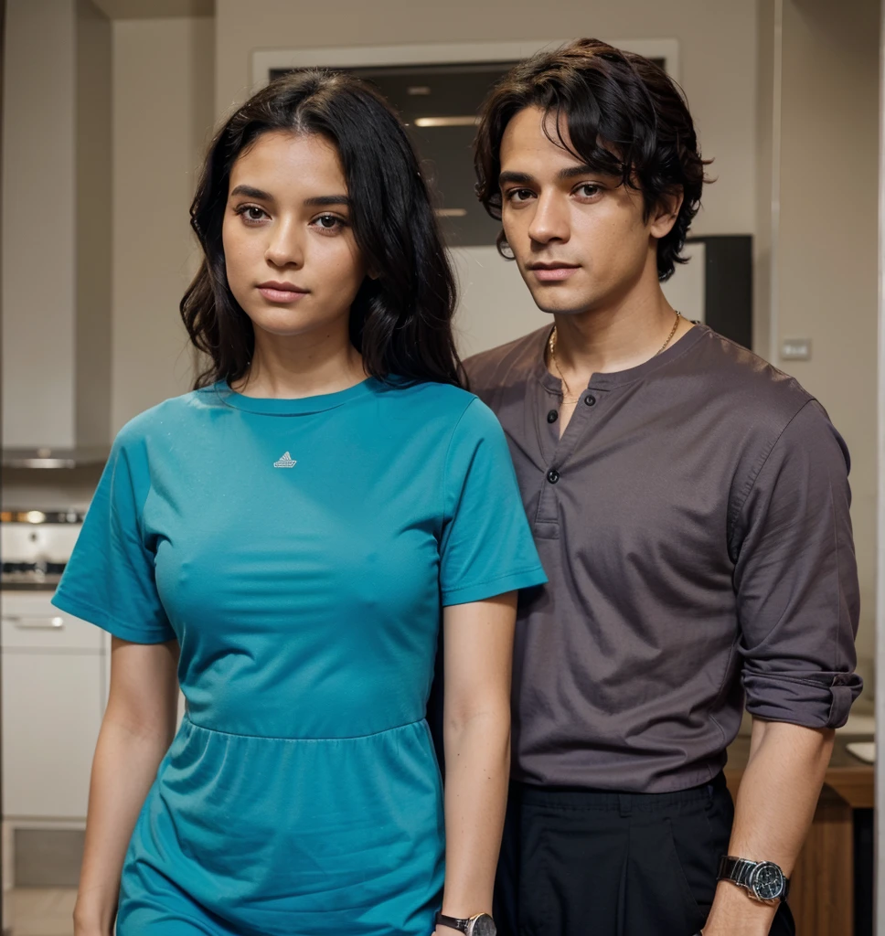 The man's shirt is light-black, his pants are black, his hair is curly black and he has a watch on his left hand. The woman is wearing a light-purple dress, her hair is black, and she is wearing a watch on her right hand. Both are a couple. The color of the skin is Black. The floor is an old house indian cupple