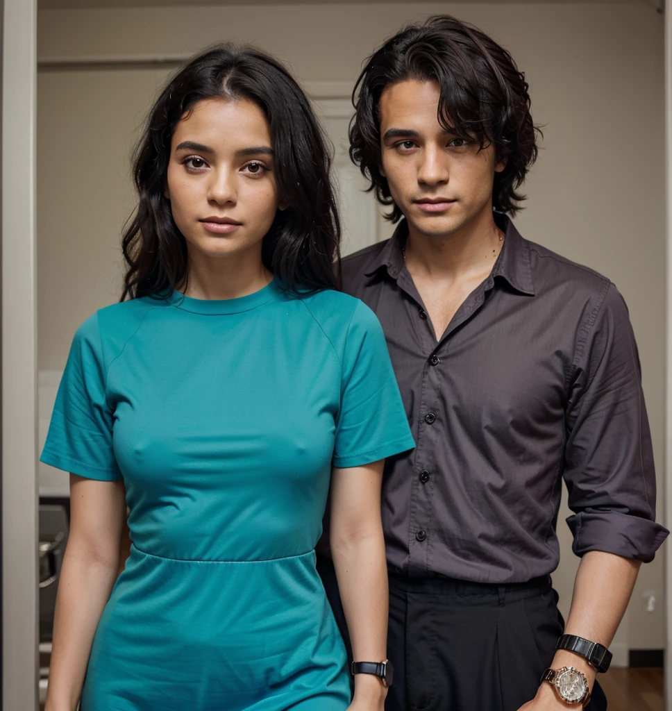 The man's shirt is light-black, his pants are black, his hair is curly black and he has a watch on his left hand. The woman is wearing a light-purple dress, her hair is black, and she is wearing a watch on her right hand. Both are a couple. The color of the skin is Black. The floor is an old house indian cupple