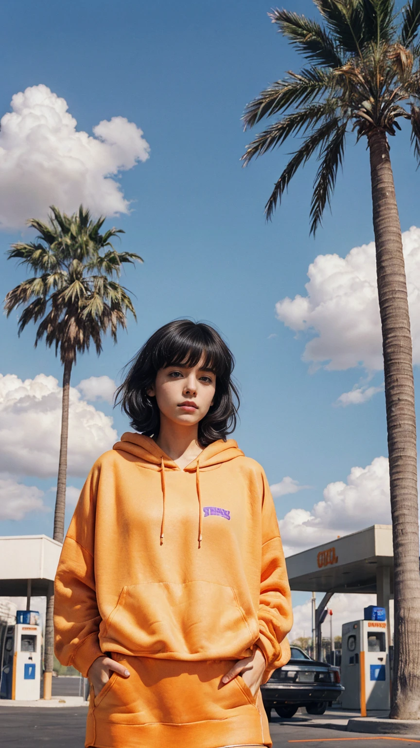 cinematic portrait of a 23 yo girl, (perfect natural breast) ,wear (((color orange oversized hoodie))), wear ((purple tennis skirt)),looking front,Best Quality,Masterpiece,Ultra High Resolution,(Realisticity:1.4),Original Photo, 1Girl, light leak,ultra high resolution,UHD,beautiful, (black bob hair), almond eye, no makeup, in front of ((80's gas station)), (realistic:1.2), (surreal:1.3), (very detailed:1.1), ((masterpiece)),summer, blue sky, palm trees,sunny, los angles vibes,film camera, 800mm lens,style of Philip Lorca diCorcia