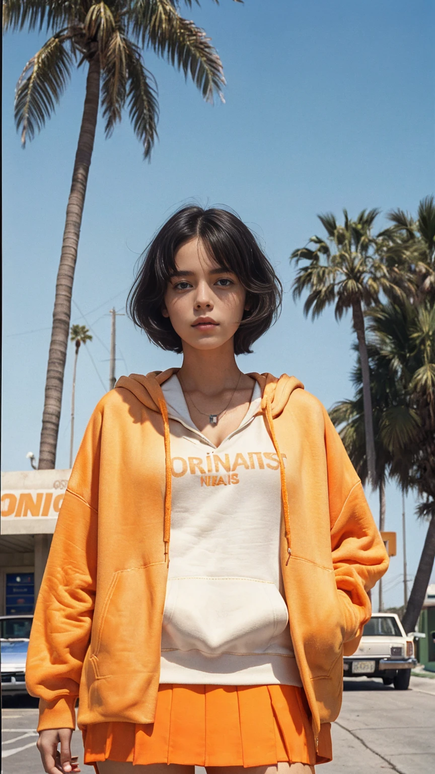 cinematic portrait of a 23 yo girl, (perfect natural breast) ,wear (((color orange oversized hoodie))), wear ((purple tennis skirt)),looking front,Best Quality,Masterpiece,Ultra High Resolution,(Realisticity:1.4),Original Photo, 1Girl, light leak,ultra high resolution,UHD,beautiful, (black bob hair), almond eye, no makeup, in front of ((80's gas station)), (realistic:1.2), (surreal:1.3), (very detailed:1.1), ((masterpiece)),summer, blue sky, palm trees,sunny, los angles vibes,film camera, 800mm lens,style of Philip Lorca diCorcia