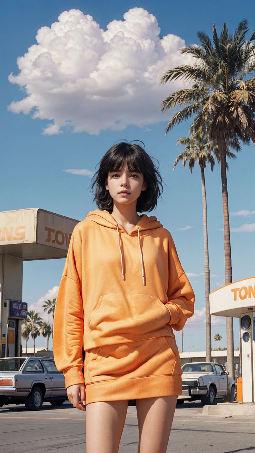 cinematic portrait of a 23 yo girl, (perfect natural breast) ,wear (((color orange oversized hoodie))), wear ((purple tennis skirt)),looking front,Best Quality,Masterpiece,Ultra High Resolution,(Realisticity:1.4),Original Photo, 1Girl, light leak,ultra high resolution,UHD,beautiful, (black bob hair), almond eye, no makeup, in front of ((80's gas station)), (realistic:1.2), (surreal:1.3), (very detailed:1.1), ((masterpiece)),summer, blue sky, palm trees,sunny, los angles vibes,film camera, 800mm lens,style of Philip Lorca diCorcia