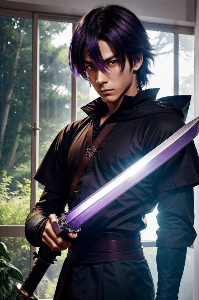 forest, light coming towards screen, anime man 25 holding sword facing camera, purple aura on the sword, small window by lower right, manhwa system window stats 999, brown color, fierce look in anime man's eyes, supreme quality, anime man