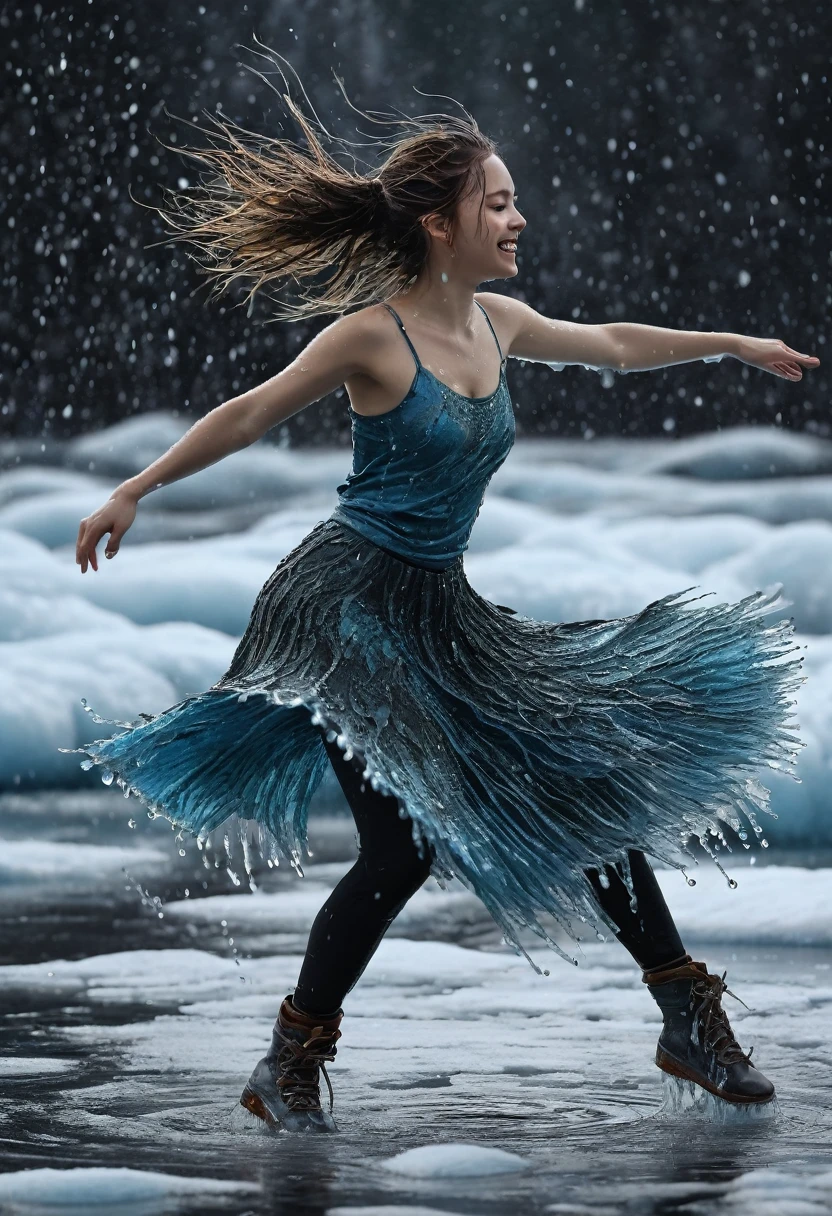 A cheerful beautiful girl, dancing, drkms,(full body:1.1), on Thin Ice,drkms, water-bender,charybdis, dark,abstract,messy,masterpiece,32k uhd,extreme detailed,masterpiece,sharp focus,intricate detail,kris kuksi