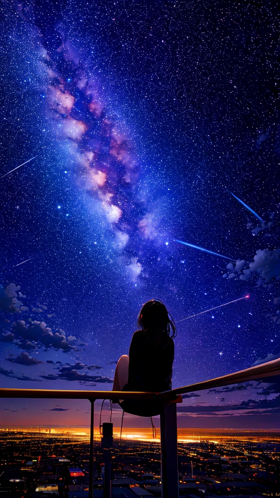 octans, sky, star (sky), scenery, starry sky, night, 1girl, night sky, solo, outdoors, building, cloud, milky way, sitting, tree, long hair, city, silhouette, cityscape