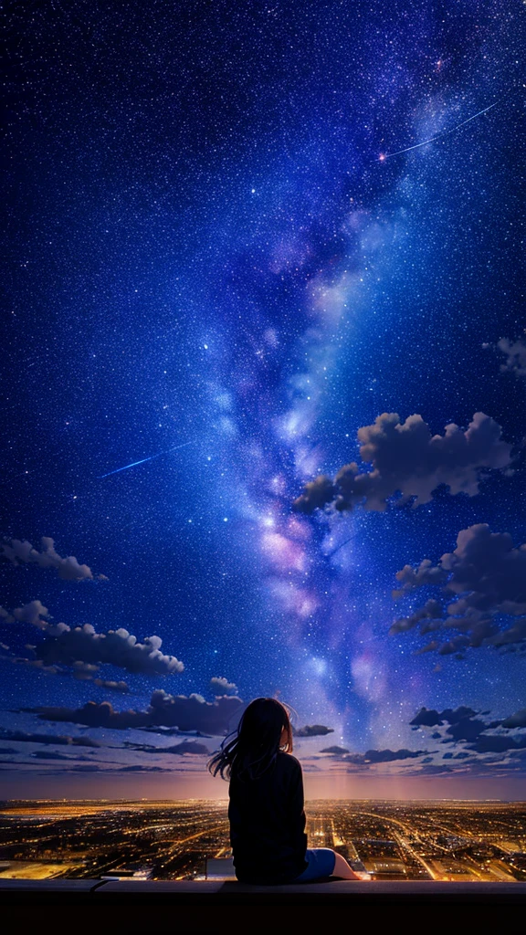 octans, sky, star (sky), scenery, starry sky, night, 1girl, night sky, solo, outdoors, building, cloud, milky way, sitting, tree, long hair, city, silhouette, cityscape