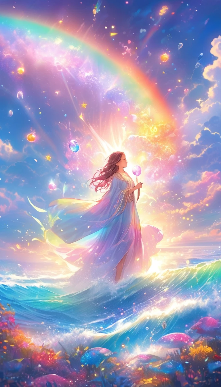 Mysterious glowing spell casting girl, ((Fantasy Rainbow Ocean)), Vibrant colors, Fantastic Light, Detailed speech bubbles, Magical atmosphere, Nice views, Dreamy atmosphere, Sparkling, Roomy robes, The magic touch, Mysterious creatures, ((Sparkling waves)), Mystical symbols, Surreal beauty, haze, There&#39;Magic in the air, A magical moment,Mysterious atmosphere, Whimsical Creatures, Full of charm, Fairy, superpower, Fantasy World