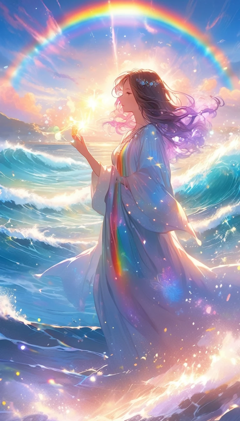 Mysterious glowing spell casting girl, ((Fantasy Rainbow Ocean)), Vibrant colors, Fantastic Light, Detailed speech bubbles, Magical atmosphere, Nice views, Dreamy atmosphere, Sparkling, Roomy robes, The magic touch, Mysterious creatures, ((Sparkling waves)), Mystical symbols, Surreal beauty, haze, There&#39;Magic in the air, A magical moment,Mysterious atmosphere, Whimsical Creatures, Full of charm, Fairy, superpower, Fantasy World