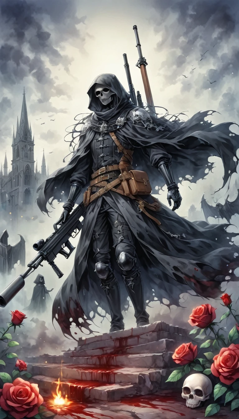 (Messenger from hell:1.4),Grim sniper holding a huge sniper rifle,Viewpoint from below,hell,magma,flame,(紫色flame:1.3),There is fresh Blood on the ground,Blood pool,dripping Blood,Gothic aesthetics,one、Rose、castle、cross、Blood、Cemetery, ETC...,这些元素体现了Gothic style的神秘感、solemn、Deep Functionality。Gothic style,Gothic style,about,cloak、象征浪漫的Rose、grave、Reaper、ruins、Gothic Cathedral, ETC.,Common elements of Gothic symbols。