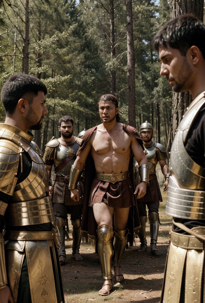 Create an AI image depicting a group of roman soldiers beheading a roman statesman in the middle of the forest