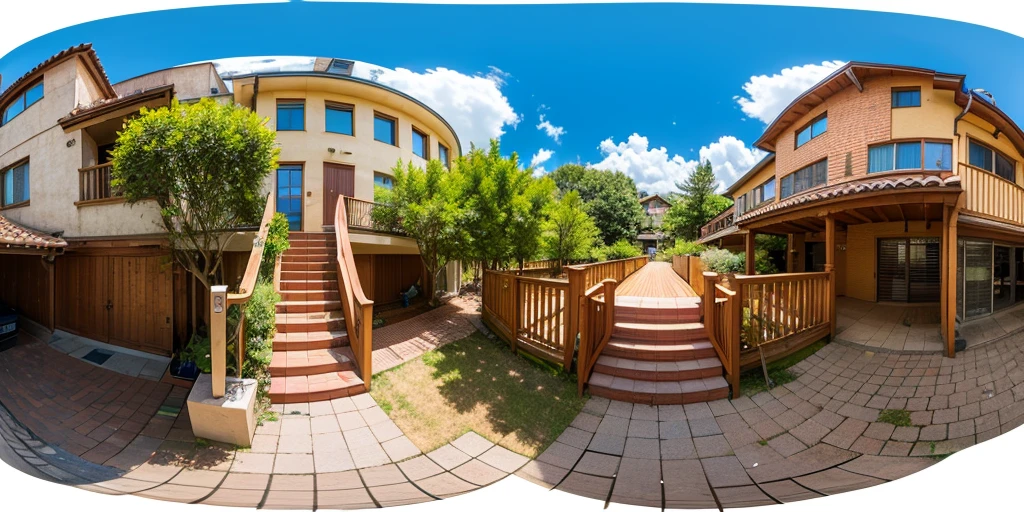 Equirectangular 360-degree panorama view photo with left and right ends seamlessly connected. First Person View、Behind the stairs