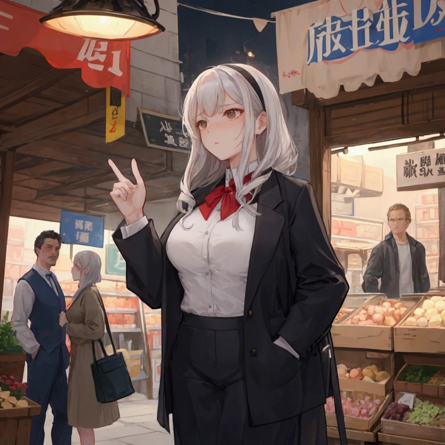 Draw a scene where a middle-aged man, Elliot, and a woman, Alisa, intervene in a heated argument between residents at a marketplace.。