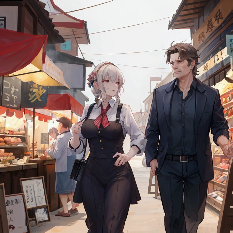 Draw a scene where a middle-aged man, Elliot, and a woman, Alisa, intervene in a heated argument between residents at a marketplace.。