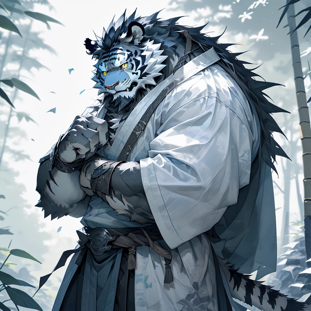 白色皮肤tiger),(黑白阴阳General战袍),Holding a long sword,坚Strong姿态,Stand calmly,(The background is a dark forest,Full of bamboo:1.2),abdominal muscles,Heroic Stance飒爽,完美的masterpiece,Various facial details,Perspective from a distance,specific description,masterpiece,CG,(Golden Eyes),Black and white pattern,Crimson Tail,General,Heroic Stance,tiger,Black and white fur,Specific facial details,Half Body,(黑白阴阳General战履),(Chang Ling),((middle aged)),(Face Focus),(16K),HD,Black and white belly,wilderness,beard,(Noodle),Different students,(Black and white yin and yang shirt),(Black and white hair),Strong,muscle,(high resolution:1.3),(Standing deep in the desolate bamboo forest),(close up),(Delicate face:1.5),Perfect details,(Half Body),(Facial details:1.5),(Zoom in on the face:1.5),(白色Noodle:1.2),(黑色beard:1.3),(white face;1.6),White body