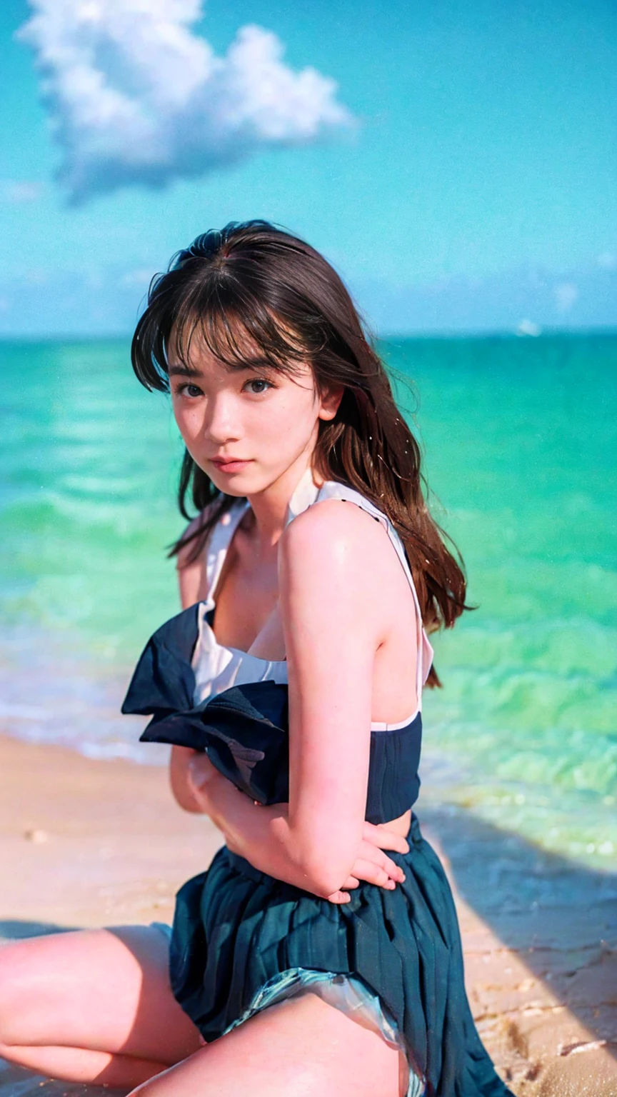 (((Top-down configuration:1.33)))、((No underwear:1.55))、One Girl、Beautiful and detailed eyes and face、barefoot、20 year old cute Japan woman, ((Extremely precise and accurate ???????:1.0)), (photo Realistic:1.4), (hyper Realistic:1.4), (最高品質のRealisticな肌の質感:1.4), (Improvement of quality:1.4), (Enhances the beauty of skin texture:1.1), Clean and glowing skin, mesh, thin:1.2, (Realistic:1.3), Realisticなライティング, (Smoother lighting:1.05), (Improving the quality of cinema lighting:0.9), Backlight, A gentle light on your face, Ray Tracing, (Bright light:1.2), 32k, One Japanese woman, fine grain, Detailed face, (Film Grain:1.1),(Accentuates body lines:1.1), High resolution, Natural look, Kind eyes, Improves hair quality, Delicate light and shadow, Transparent muscles, Graceful pose, Beautiful Eyes, Sharp details, Soft light reflection, Beautiful contours, Delicate skin tone, Fine hair texture, Natural background, (((sunny day、Beach、A strong wind is blowing、Her hair and skirt are flying、Squat, Traditional navy blue sailor uniform、Open shirt、Pleated skirt、Scooping seawater with hands:1.25、splash、Sandy Beach、Light of the sun、clear blue sea、The waves crash quietly、Blue sky and white clouds、green mountain々、Beautiful Nature、The joys of youth)))、
