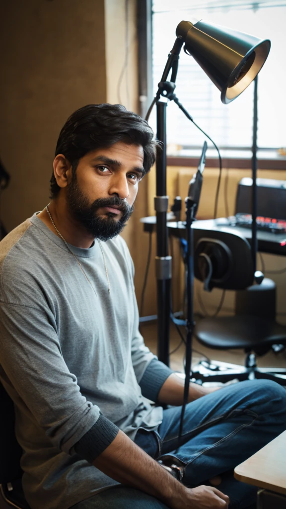   Eyes 90 degree straight at us Indian Man sitting in studio with  talking in mic  .