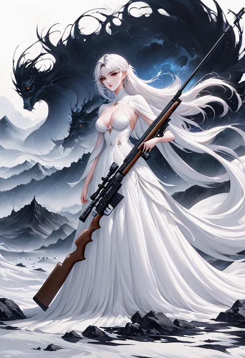 (Lots of white space:1.5)，(Lots of white space around:1.6), White background, simple, Minimalism, Abstract,Mode，Aesthetic，black and white，Ink Painting，，a mountain，Sniper from a distance，Holding a huge sniper rifle，一幅Abstract的艺术插图, author：Li Song, Arte no estilo de Gu Weiss, Shin Jin Hye, Obra-prima de Gu Weiss, Ross Figure 1. 0, Beautiful digital illustrations, Inspired by Non-WLOP, simple數位藝術, jingna zhang, Gu Weiss, Stunning digital illustrations