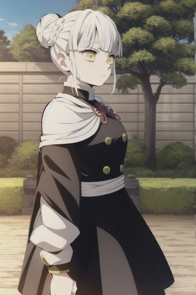 kimetsu no yaiba style, 1girl, white hair in a bun, demon slayer uniform, solo, yellow eyes,katana ,white hair, black cape, cape, outdoors, bangs, tree, fence, anime coloring, ((masterpiece)) , fighting a demon scene, aggression scene fight