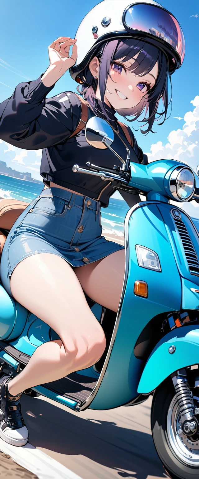 (masterpiece),(Highest quality:1.2),(Super detailed),(High resolution),(Highest quality),An illustration,8k,wallpaper,One female,A woman riding a green Vespa along a coastal road,(smile),Retro helmet,Stylish clothing,Detailed hands,Beautiful female hands,(Hand,detailed,perfect,perfection,hands),Blurred Background,blue sky,sun,Beautiful sea,dynamic