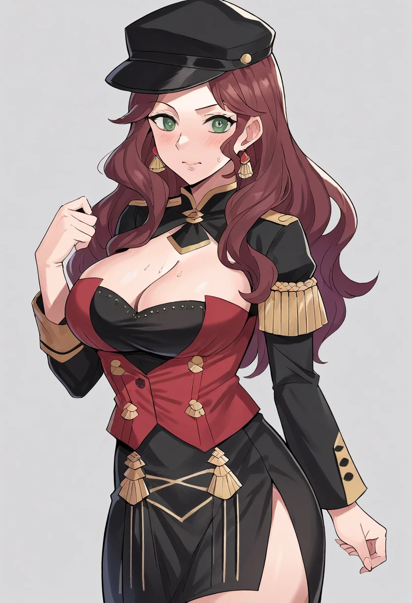 score_9, score_8_up, score_7_up, source_anime, Dorothea (Fire Emblem), mldortgm, black headwear, black skirt, (black uniform), brown hair, dangle earrings, gold trim, green eyes, jewelry, large breasts, cleavage, long hair, black peaked cap, black hat, blush, sweat