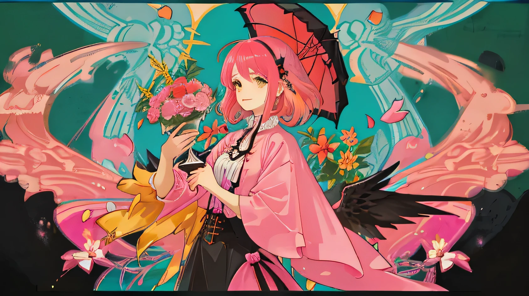 Brightism，Flat illustrations，Bright colors，A black-haired girl hugs a pink-haired girl，Pink hair holding a sun umbrella，With wings，Goblet in hand。Green Background，with flowers and plants