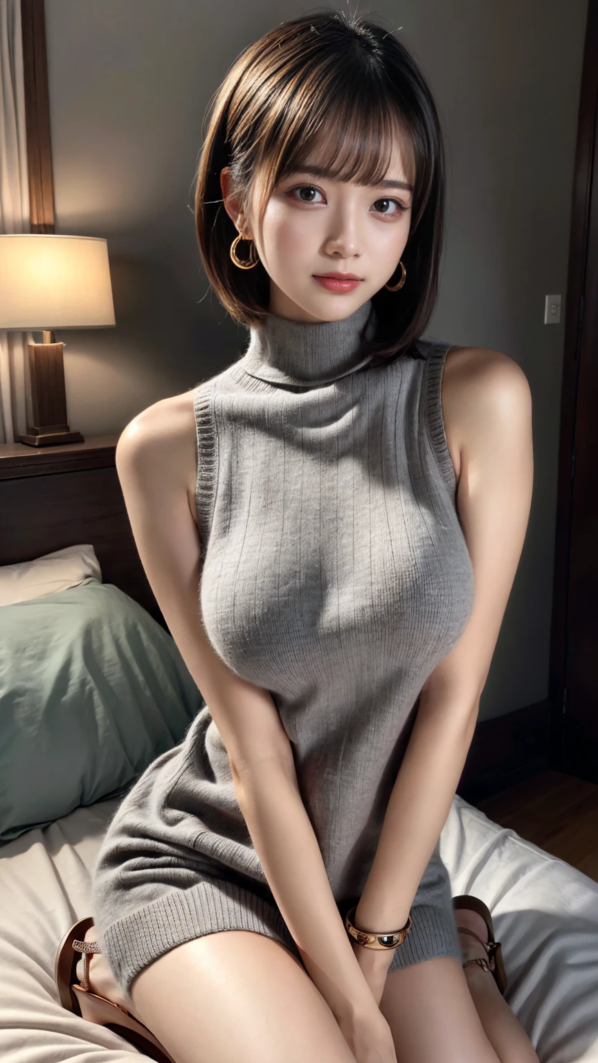 (absurdres:1.3), (highres:1.3), (ultra detailed:1.3),(1girl:1.3), (extremely detailed CG unity 8k wallpaper:1.3), (detailed skin texture, detailed cloth texture, detailed hair texture), (beautiful detailed face, supermodel, pale skin, realistic glistening skin), (RAW photo, best quality), (realistic, photo-realistic:1.4), masterpiece, extremely delicate and beautiful,Amazing, finely detail, extremely detailed CG unity 8k wallpaper, huge filesize, ultra-detailed, highres, absurdres, soft light,rim light, vibrant details, hotel room, short bob hair, black hair color, Big Natural Color Lip, large breasts, (perfect body shape), beautiful legs, BREAK (gray theme:1.5), (fusion of sleeveless knitted gray turtleneck sweater and gray micro dress:1.4), (emphasize body line:1.2), ((bare shoulder, bare arms, bare thigh):1.3), (bottomless:1.3), (wool:1.2), (cable knitting stitch:1.3), ((underboobs, sideboobs):1.2),

BREAK (heeled sandals:1.2), (earrings:1.3), (bangle:1.2),
 crying a little、little smile, Harajuku style、20 year old girl、cute type、lolita、open legs