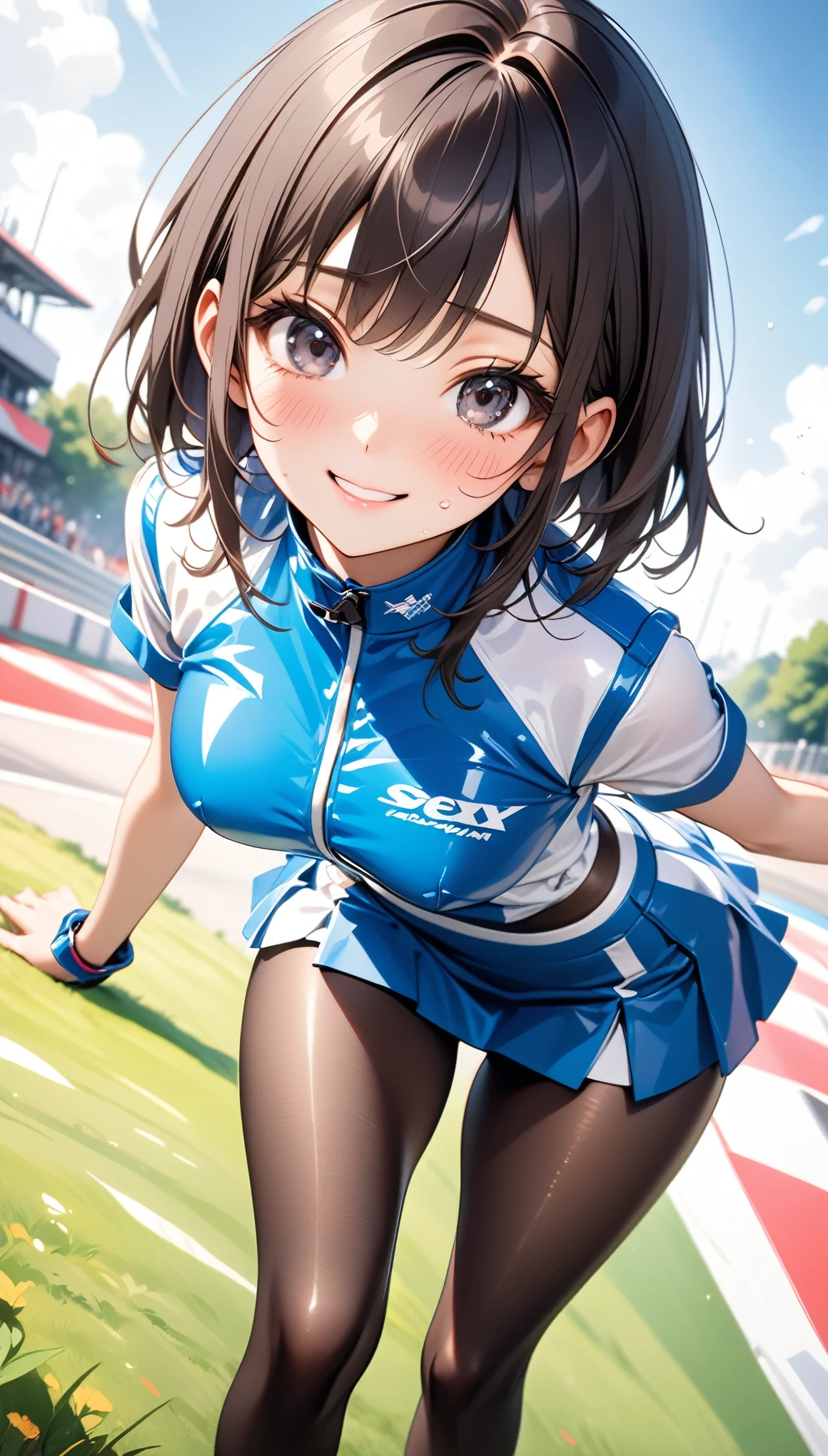 Vivid Color, ((race queen)), ((skirt)), luster Outfit, (Black pantyhose), (latex high heel boots), skindentation, skinny, solo, (1 sexy woman), Masterpiece, highest quality, highest quality, 16K, incredibly absurd, highly detailed, 2.5D, ai-generated, delicate and dynamic, very delicate facial expressions, delicate eye depiction, Dark hair, black eyes, erotic, only sexy woman, ((A cute and kind face)), healthy figure, ((25-year-old woman)), 160cm tall, medium firm swaying bust,, blush, Sweat,Embarrassed,sexy, ((thin thighs)), (camel toe:0.8), (Erect nipples:0.9), (visible nipples:0.7), ((shiny and lustrous)), facing straight at viewer, smile, Large park, daytime, bright, on the grass, (dutch angle), (Erotic pose),