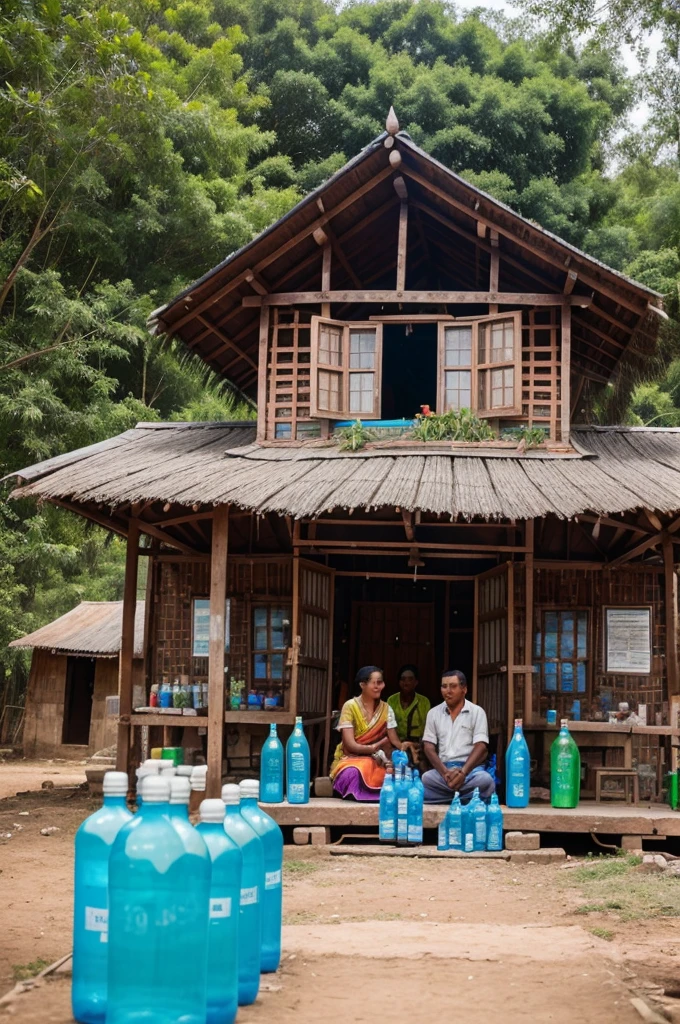 In an Indian village, the community came together to build an eco-friendly house using recycled water bottles. With creativity and teamwork, villagers collected thousands of bottles, transforming them into sturdy walls. The vibrant structure not only provided shelter but also showcased their commitment to sustainability. Children learned about recycling while helping, and the project inspired neighboring villages. The house became a symbol of hope, demonstrating that even small actions can lead to significant change. With each bottle, the villagers not only built a home but also strengthened their bonds, proving that together, they could create a better future for their environment., photo, illustration, cinematic