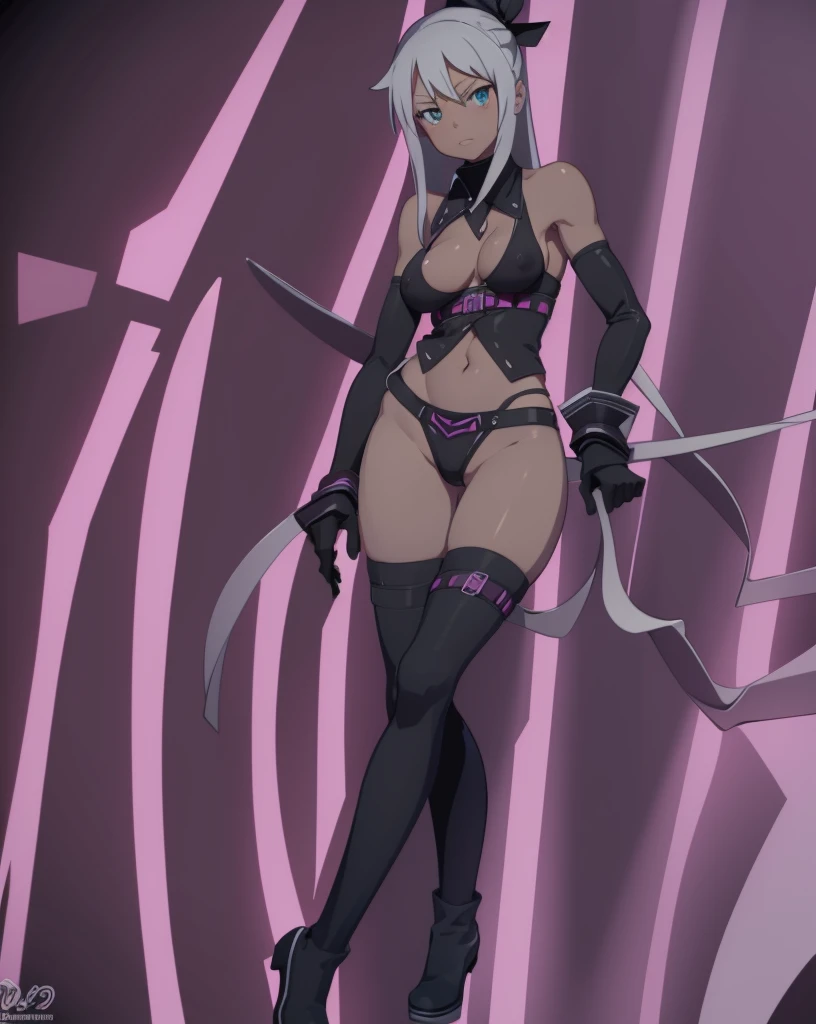 Maka Albarn (Soul Eater), solo, detailed, high quality, 4K, athletic figure, 34B breasts, sultry expression, dark background with neon lights, bold colors, cleavage visible, nipples slightly visible, lively gaze, correct proportions, symmetrical composition.