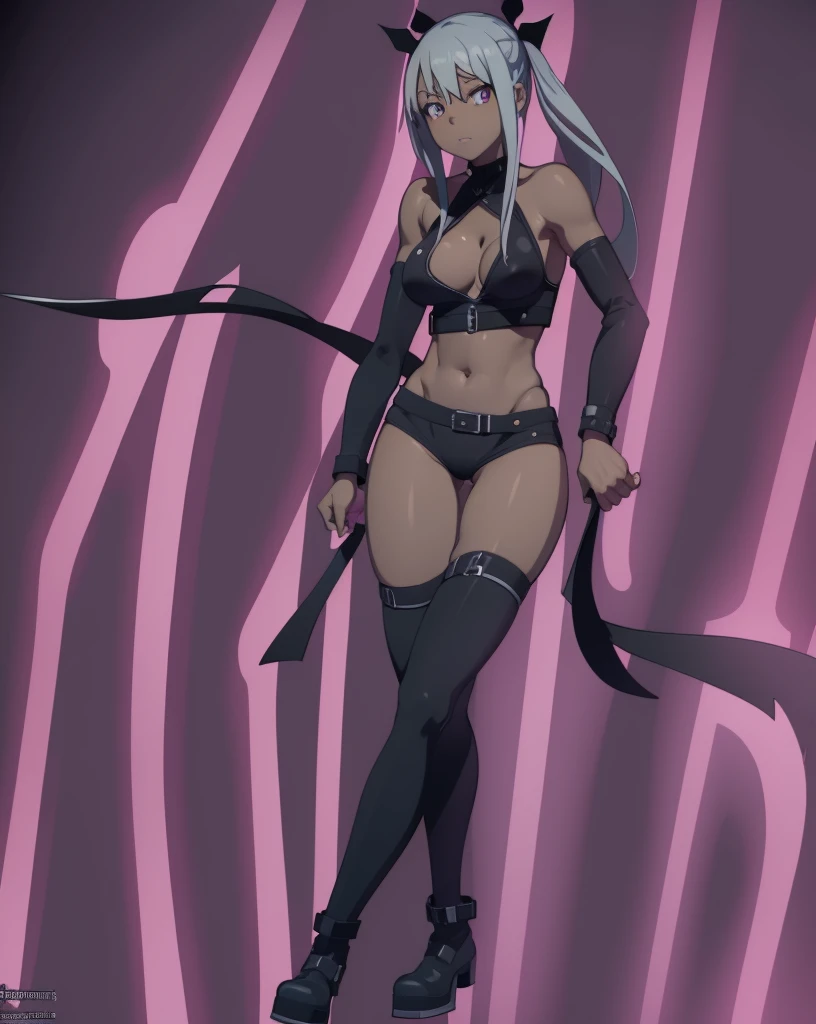 Maka Albarn (Soul Eater), solo, detailed, high quality, 4K, athletic figure, 34B breasts, sultry expression, dark background with neon lights, bold colors, cleavage visible, nipples slightly visible, lively gaze, correct proportions, symmetrical composition.