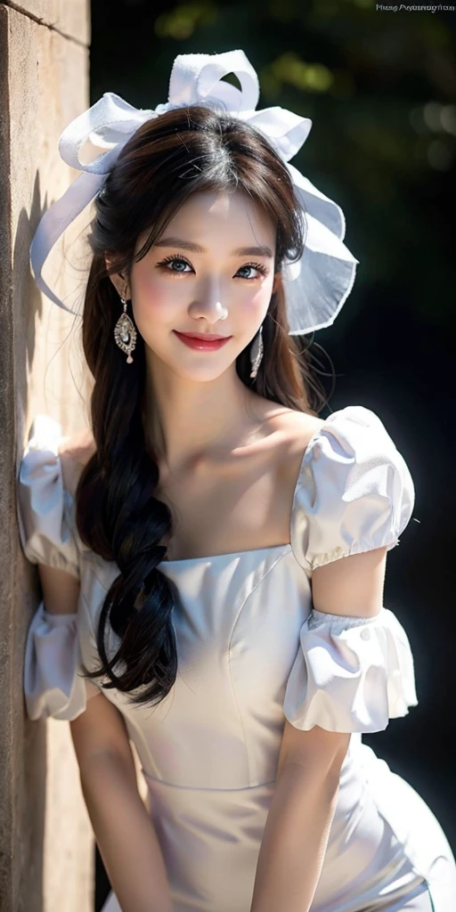 korean,realistic, masterpiece, final detail, photo realistic, intricate detail, octane rendering, 8K, 1Girl, full bodyperfect face, beautiful face, NSWF, trough reference, detail hair,, black bow, black gloves, black legs, blue eyes, blue hair, bow, collarbone, dress, drill hair, ruffles, ruffles, gloves, gwen, headdress, highres, long hair, parted lips, puffy sleeves, purple eyes, smile, solo, white dress, oil skin,