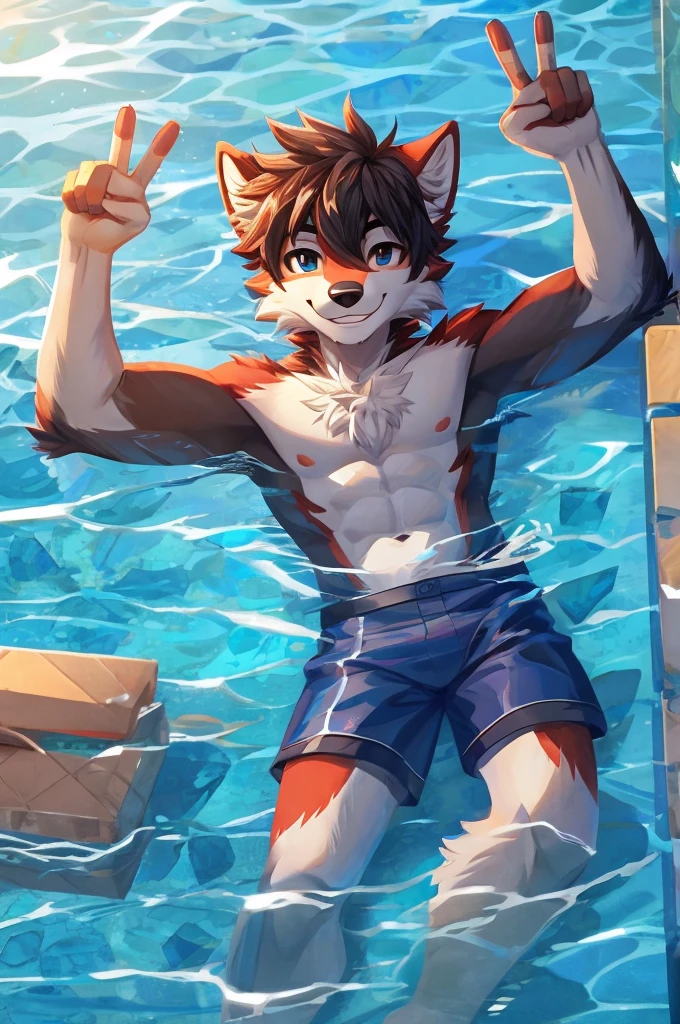 Top shot of an anthropomorphic male teenage wolf which is relaxing on a pool with crystal clear water, all this while showing a smile on his face, winks and has an arm extended upward while his hand gestures a V sign, the scene is perfectly lit by the midday sun.