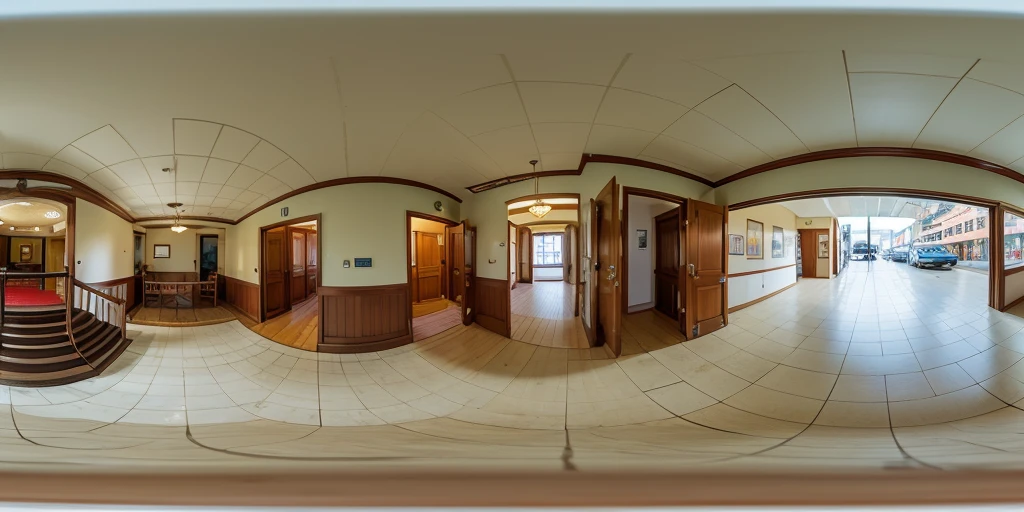 Equirectangular 360-degree panorama view photo with left and right ends seamlessly connected. emergency stairs